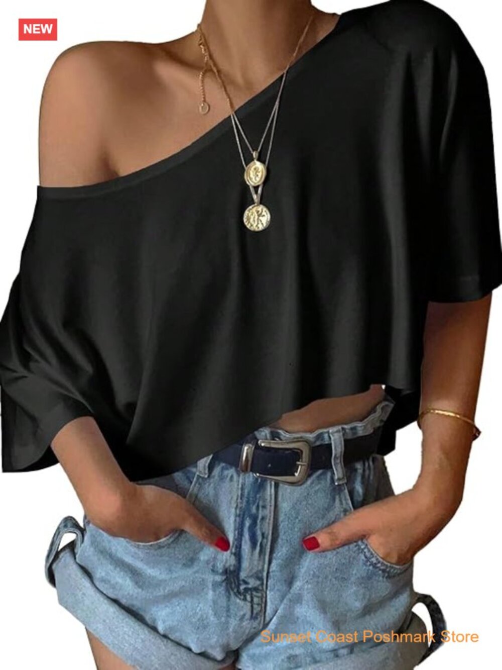 Off Shoulder Crop Top Loose Boat Neck Short Sleeve Tee